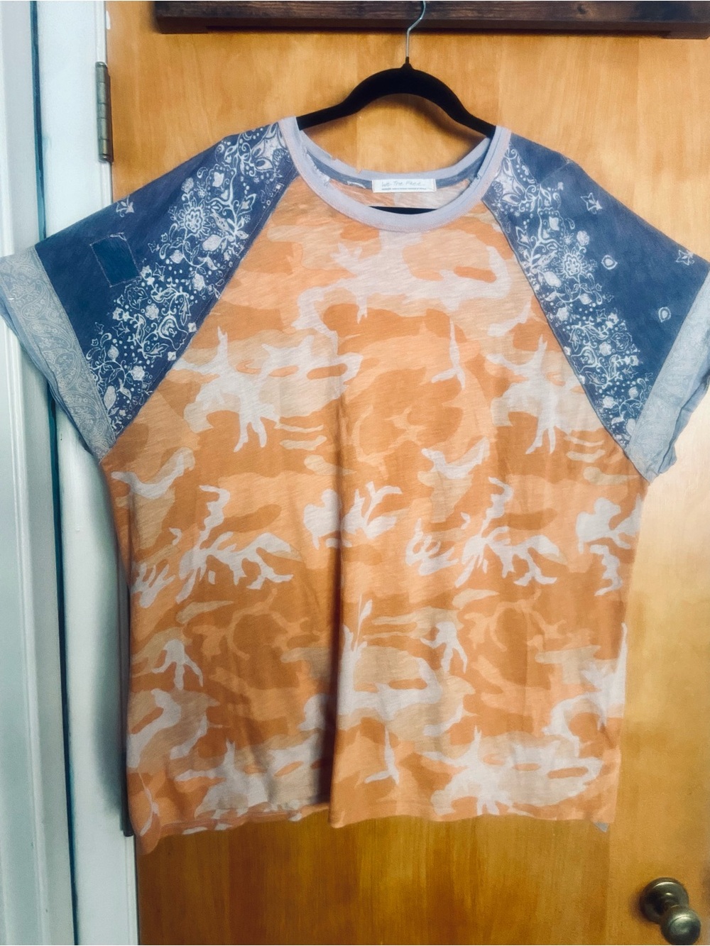We The Free Orange Camo Raglan Tee with Blue Floral Sleeves